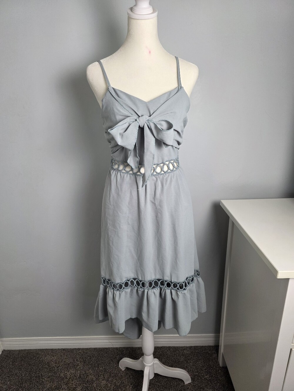 Seafoam Green Tie Front Midi Dress Size M Cutout Ruffle Boho